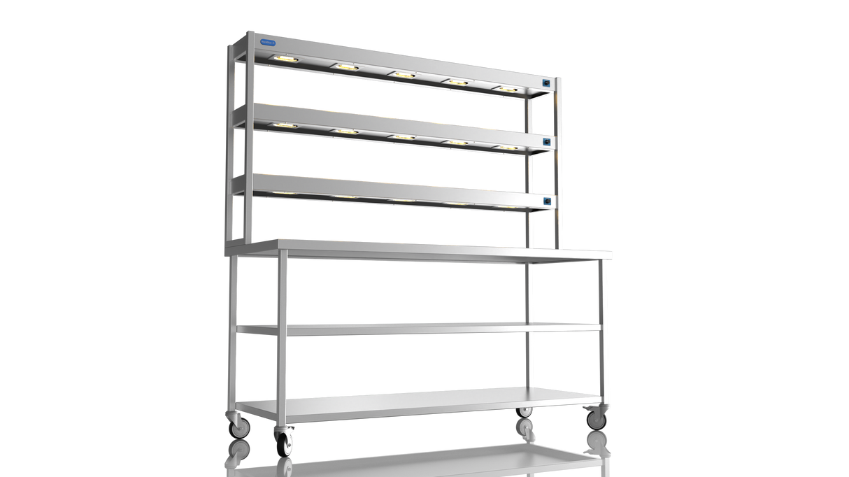 Nordstar Mobile Centre Table Bench With 3 Tier Heated Gantry Chefs Pass 1800mm | TTCMCB1800MS Stainless Steel Tables with Overshelf Nordstar