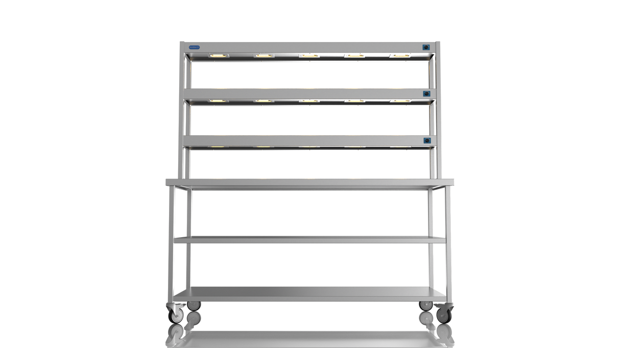 Nordstar Mobile Centre Table Bench With 3 Tier Heated Gantry Chefs Pass 1800mm | TTCMCB1800MS Stainless Steel Tables with Overshelf Nordstar