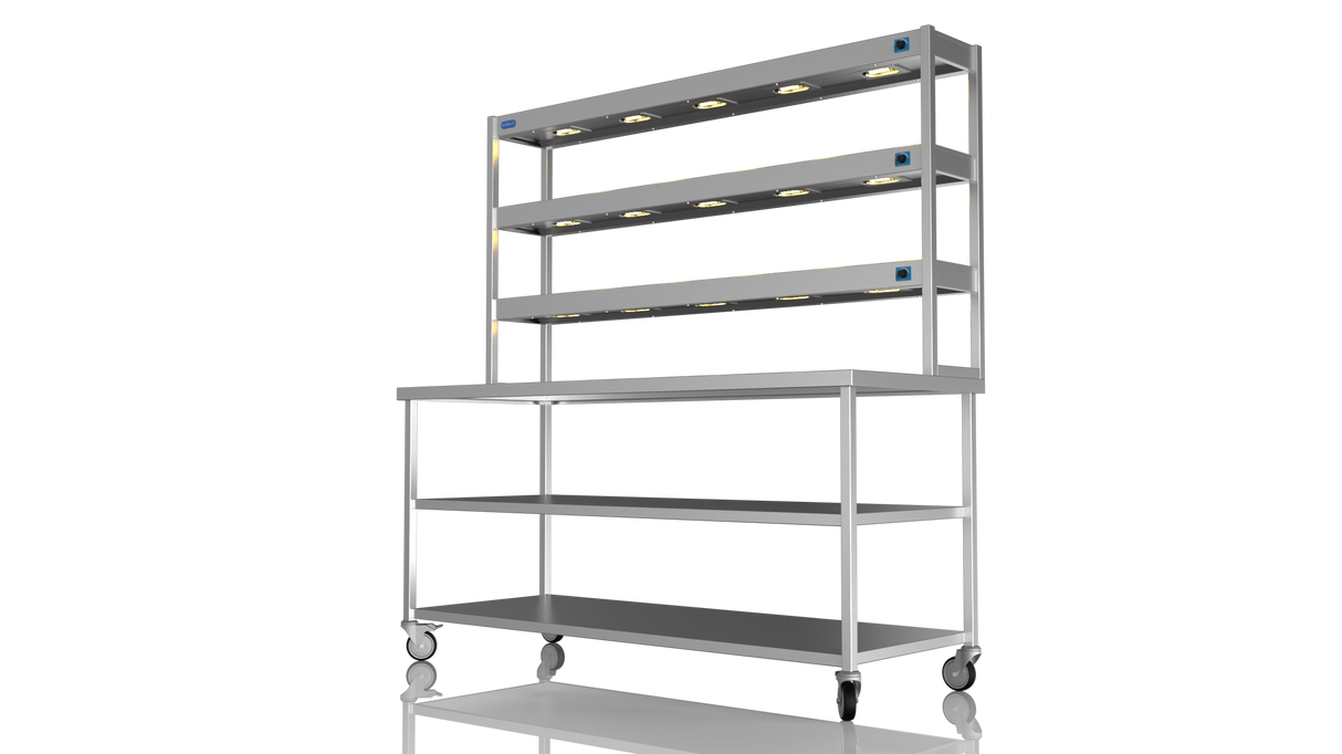 Nordstar Mobile Centre Table Bench With 3 Tier Heated Gantry Chefs Pass 1800mm | TTCMCB1800MS Stainless Steel Tables with Overshelf Nordstar