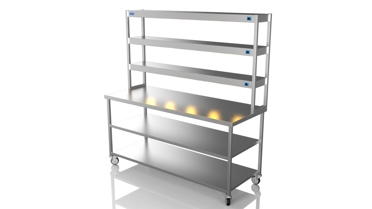 Nordstar Mobile Centre Table Bench With 3 Tier Heated Gantry Chefs Pass 1800mm | TTCMCB1800MS Stainless Steel Tables with Overshelf Nordstar