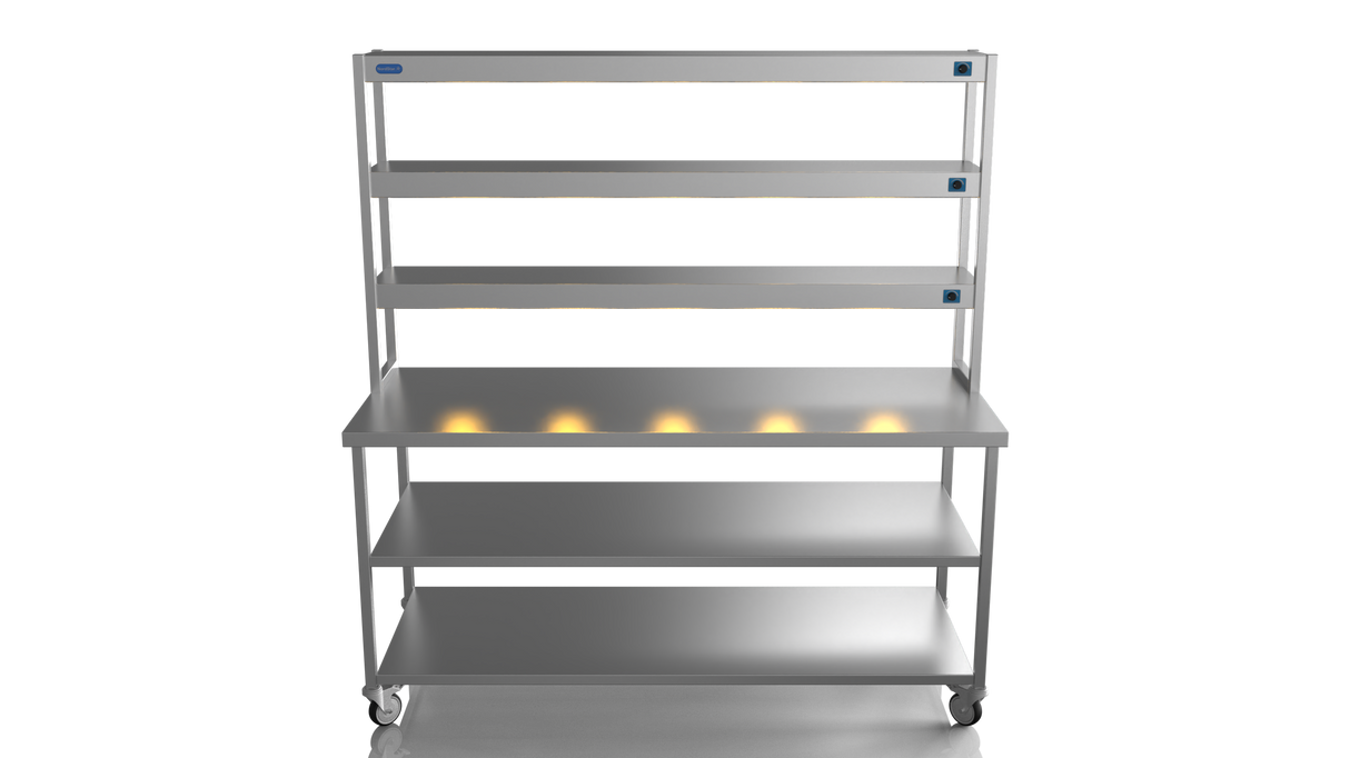 Nordstar Mobile Centre Table Bench With 3 Tier Heated Gantry Chefs Pass 1800mm | TTCMCB1800MS Stainless Steel Tables with Overshelf Nordstar