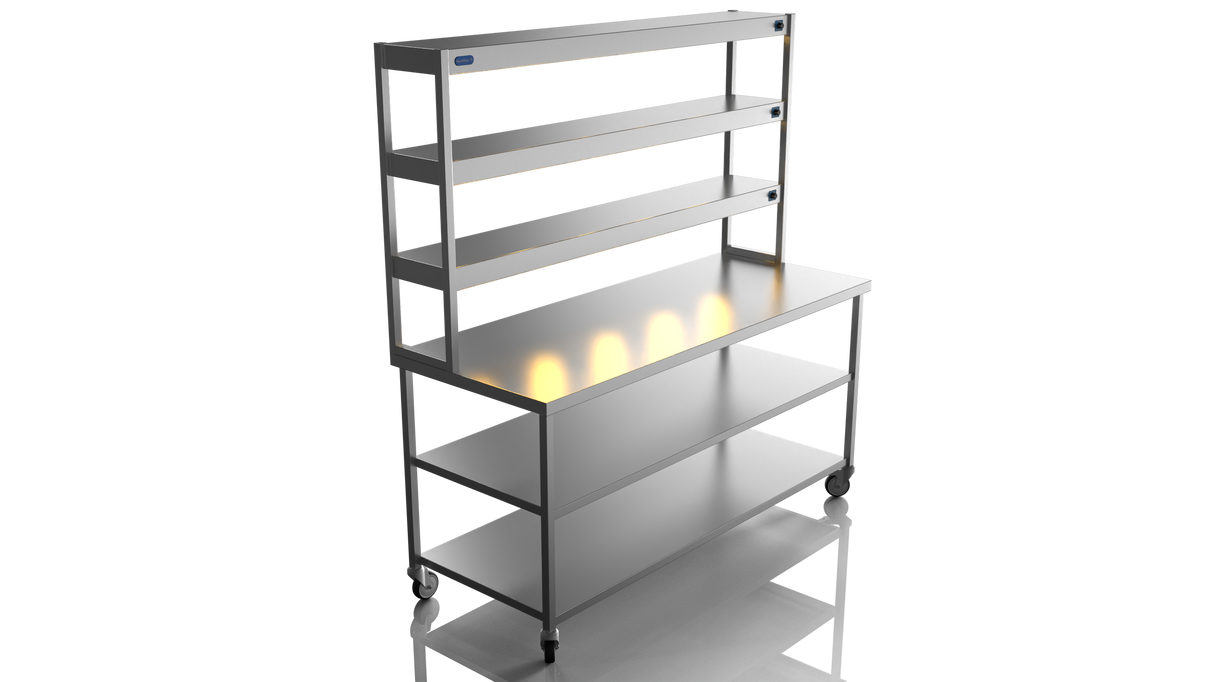 Nordstar Mobile Centre Table Bench With 3 Tier Heated Gantry Chefs Pass 1800mm | TTCMCB1800MS Stainless Steel Tables with Overshelf Nordstar