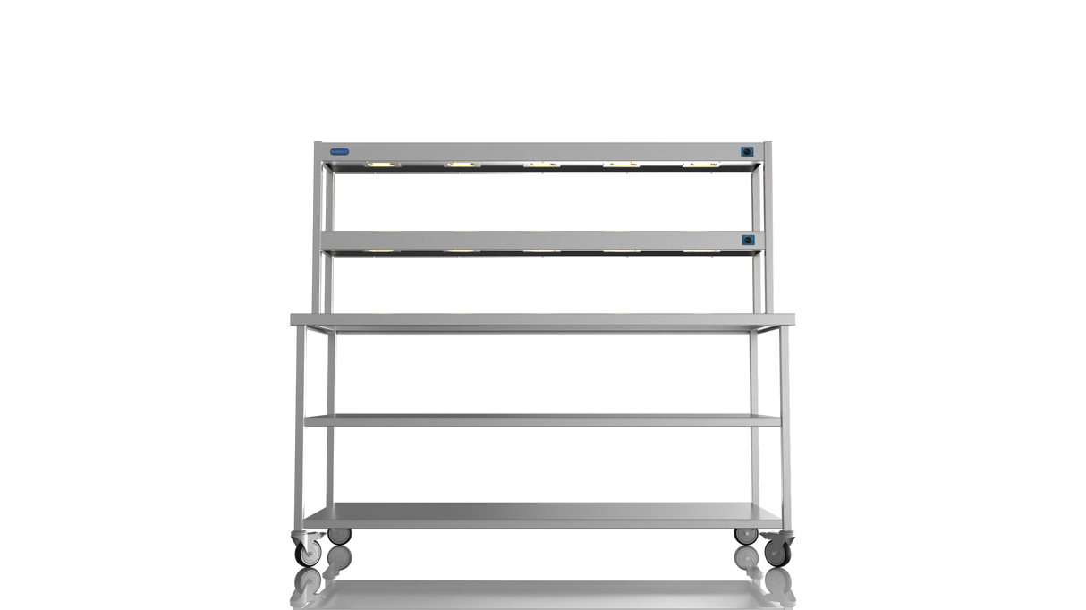 Nordstar Mobile Centre Table Bench With 2 Tier Heated Gantry Chefs Pass 1800mm | DTCMCB1800MS Stainless Steel Tables with Overshelf Nordstar