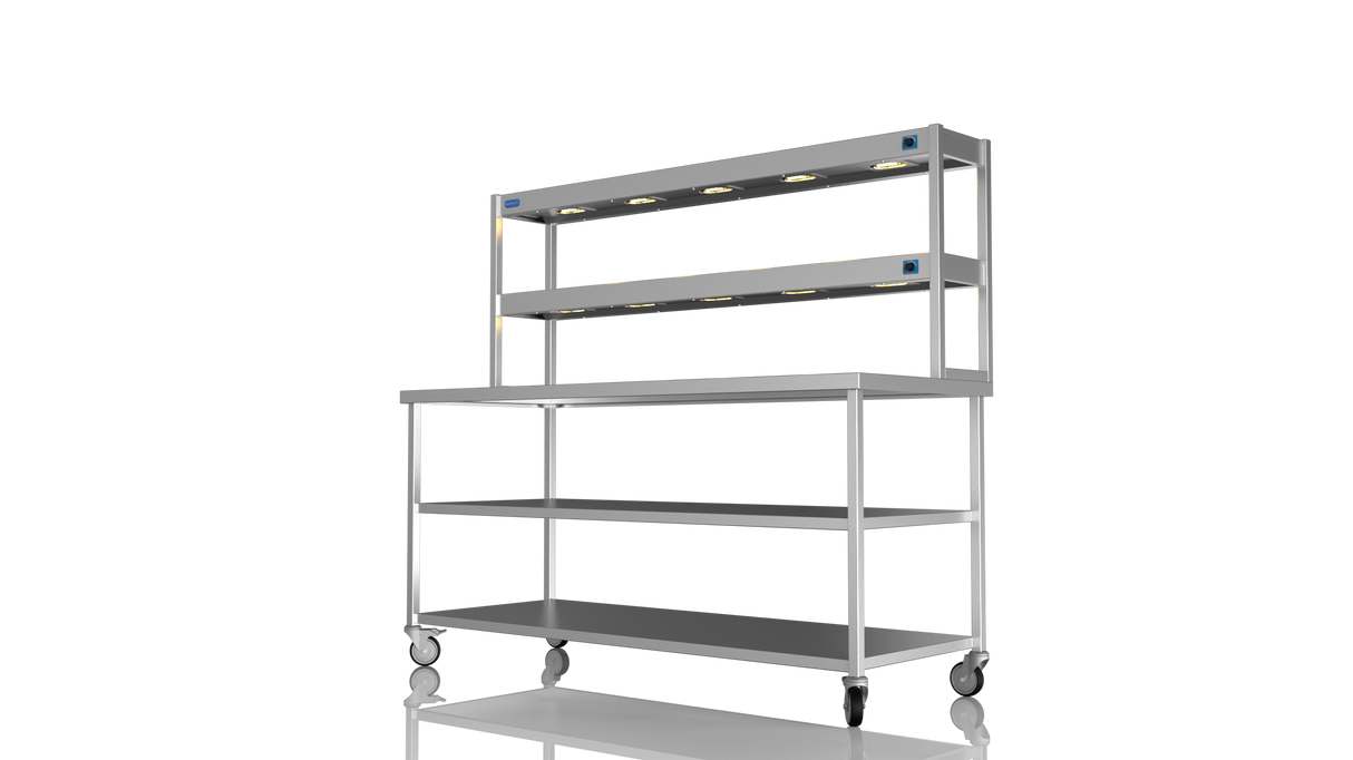Nordstar Mobile Centre Table Bench With 2 Tier Heated Gantry Chefs Pass 1800mm | DTCMCB1800MS Stainless Steel Tables with Overshelf Nordstar