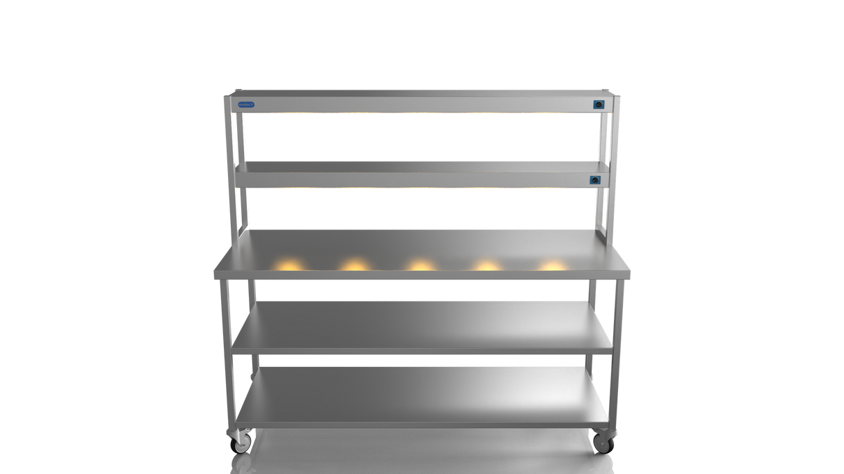 Nordstar Mobile Centre Table Bench With 2 Tier Heated Gantry Chefs Pass 1800mm | DTCMCB1800MS Stainless Steel Tables with Overshelf Nordstar