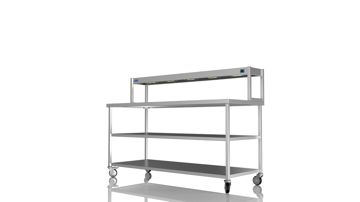 Nordstar Mobile Centre Table Bench With Heated Gantry Chefs Pass 1800mm | STCMCB1800MS Stainless Steel Tables with Overshelf Nordstar