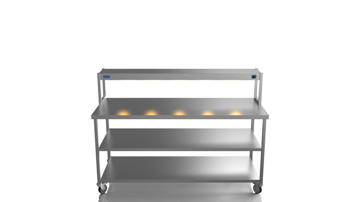 Nordstar Mobile Centre Table Bench With Heated Gantry Chefs Pass 1800mm | STCMCB1800MS Stainless Steel Tables with Overshelf Nordstar