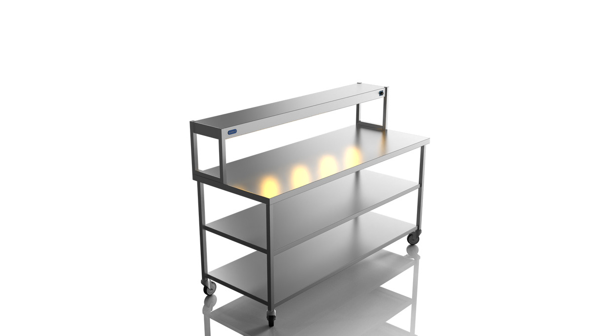 Nordstar Mobile Centre Table Bench With Heated Gantry Chefs Pass 1800mm | STCMCB1800MS Stainless Steel Tables with Overshelf Nordstar