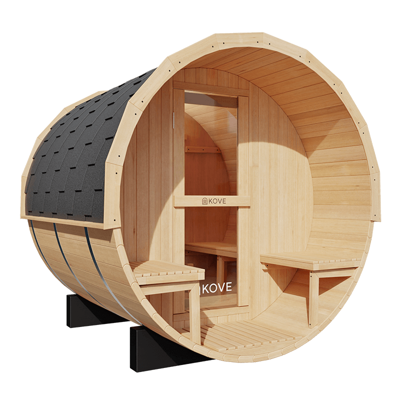 Empire Kove Spruce Barrel Sauna with Front Porch & 6kW Electric Heater | 3–4 Person Outdoor Cabin | KOVE-BAR4 Outdoor Barrel Electric Heated Saunas Kove Designs