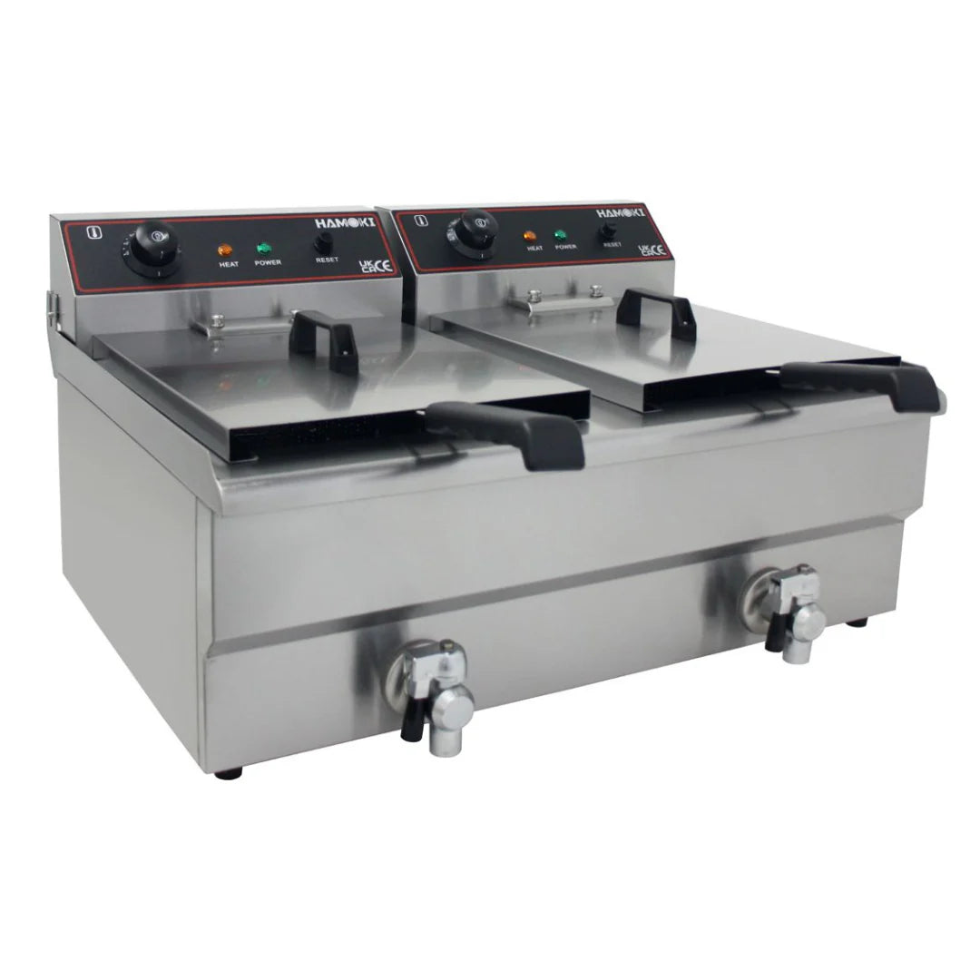 Hamoki Countertop Commercial Electric Fryer - 2 x 11.5 Litre Twin Tank with Drain Taps | 291021 Countertop Electric Fryers Hamoki