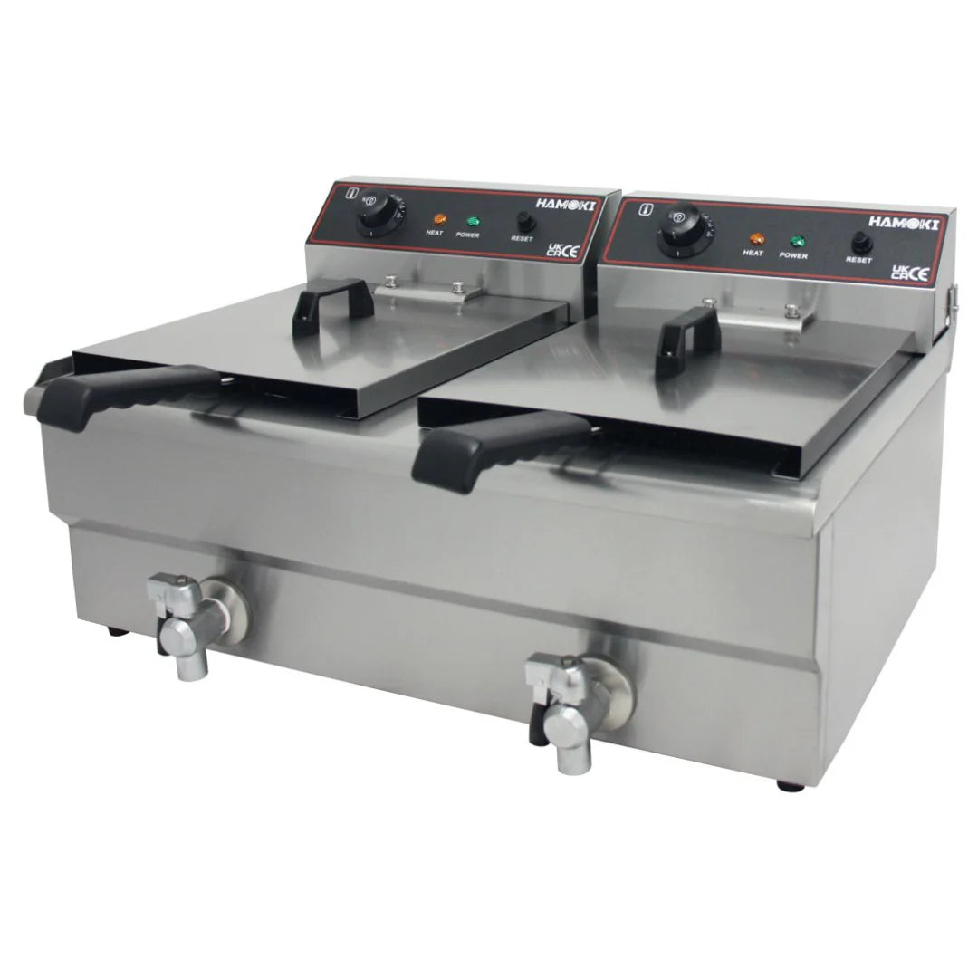 Hamoki Countertop Commercial Electric Fryer - 2 x 11.5 Litre Twin Tank with Drain Taps | 291021 Countertop Electric Fryers Hamoki