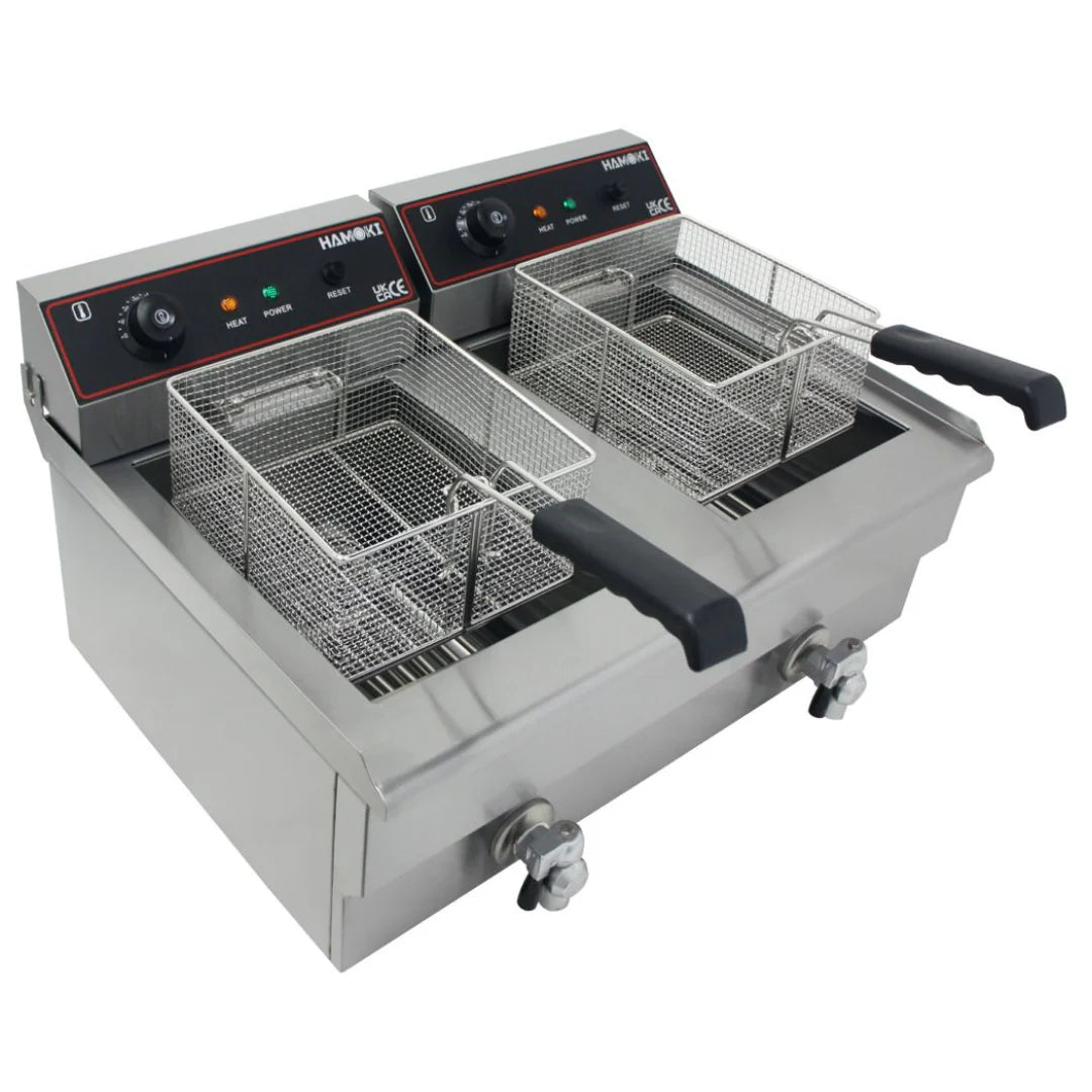 Hamoki Countertop Commercial Electric Fryer - 2 x 11.5 Litre Twin Tank with Drain Taps | 291021 Countertop Electric Fryers Hamoki