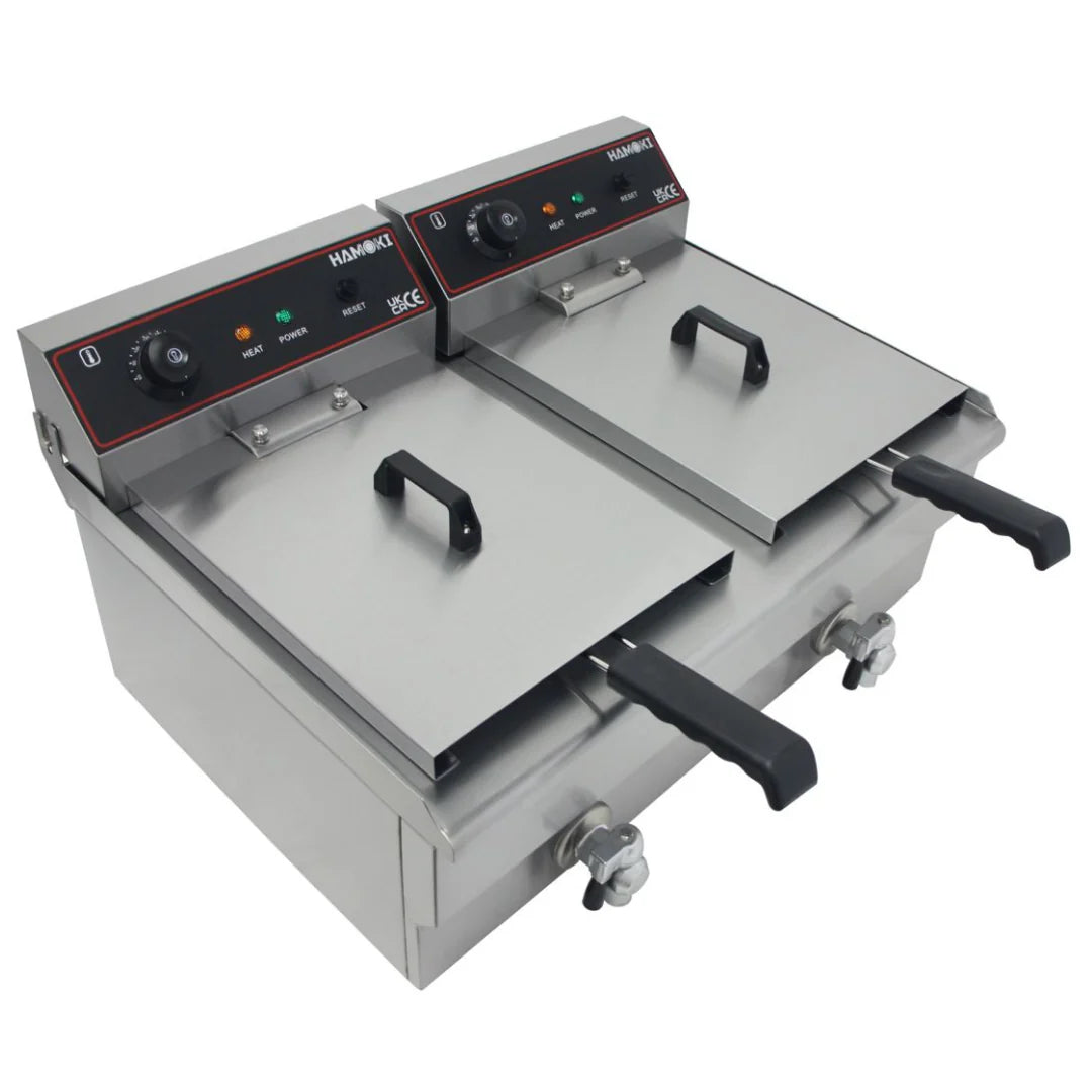 Hamoki Countertop Commercial Electric Fryer - 2 x 11.5 Litre Twin Tank with Drain Taps | 291021 Countertop Electric Fryers Hamoki