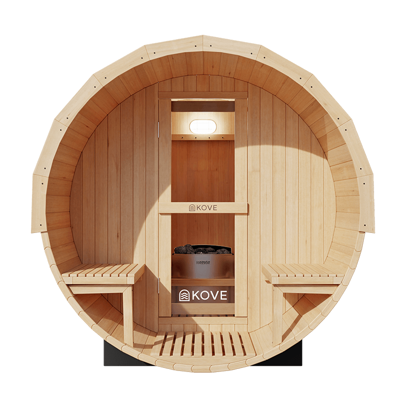 Kove 1-2 Person Spruce Barrel Sauna with Front Porch & 4.5kW Electric Heater | KOVE-BAR2 Outdoor Barrel Electric Heated Saunas Kove Designs