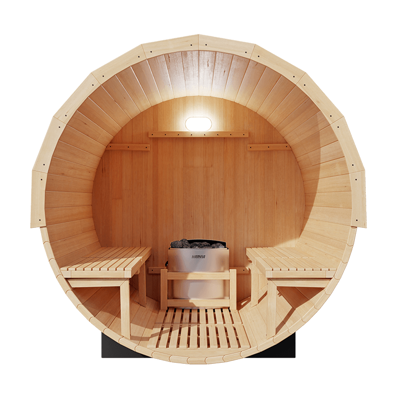 Kove 1-2 Person Spruce Barrel Sauna with Front Porch & 4.5kW Electric Heater | KOVE-BAR2 Outdoor Barrel Electric Heated Saunas Kove Designs
