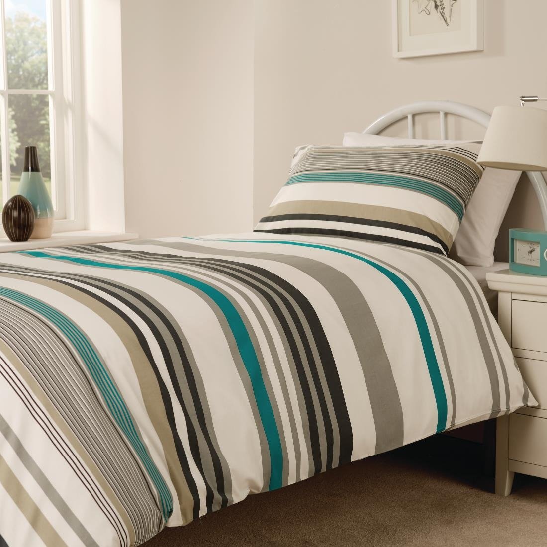 Mitre Essentials Madison Stripe Duvet Cover Open Teal Double - HB716 Mitre Essentials