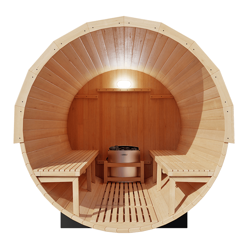 Kove 5-6 Person Spruce Barrel Sauna with Front Porch & 8kW Electric Heater | KOVE-BAR6 Outdoor Barrel Electric Heated Saunas Kove Designs