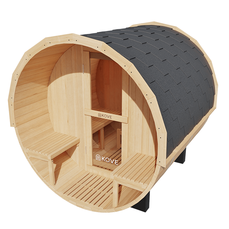 Empire Kove Spruce Barrel Sauna with Front Porch & 6kW Electric Heater | 3–4 Person Outdoor Cabin | KOVE-BAR4 Outdoor Barrel Electric Heated Saunas Kove Designs