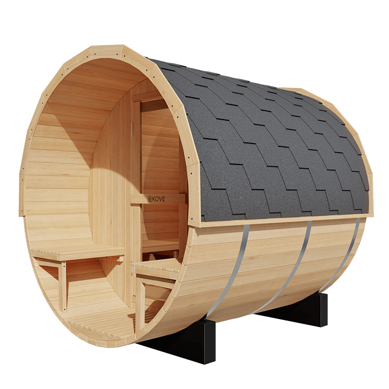 Empire Kove Spruce Barrel Sauna with Front Porch & 6kW Electric Heater | 3–4 Person Outdoor Cabin | KOVE-BAR4 Outdoor Barrel Electric Heated Saunas Kove Designs