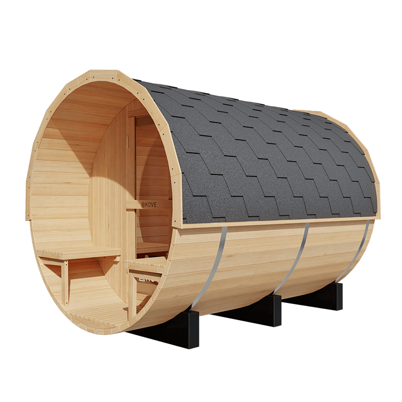 Kove 5-6 Person Spruce Barrel Sauna with Front Porch & 8kW Electric Heater | KOVE-BAR6 Outdoor Barrel Electric Heated Saunas Kove Designs