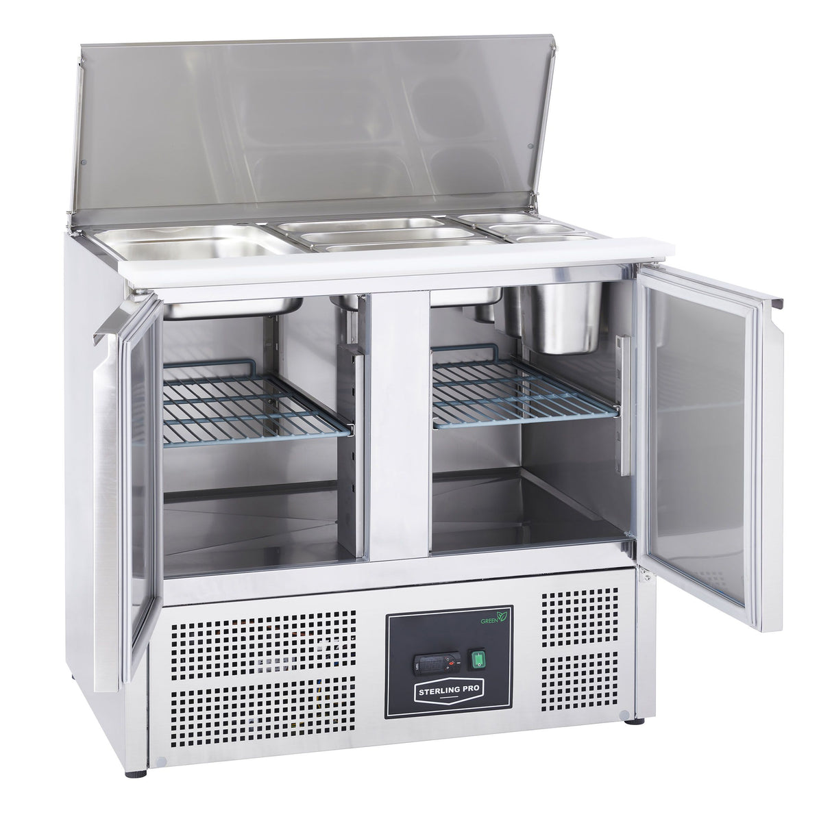 Sterling Pro Cobus 2 Door Prep Counter Fridge Hinged Lid & Chop Board Saladette | SPU200SL Pizza Prep Counters - 2 Door Sterling Pro