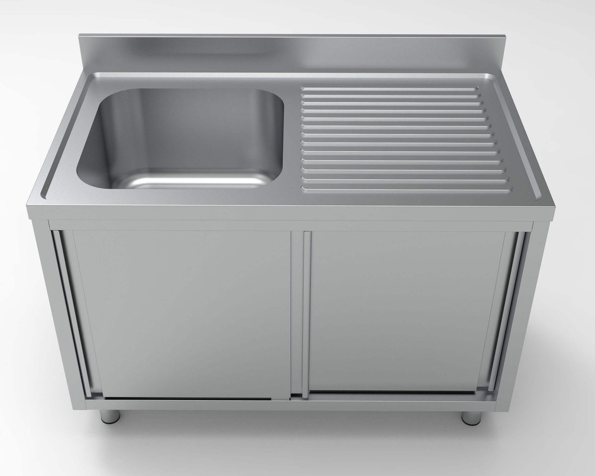 Combisteel 700 Stainless Steel Single Left Bowl Sink With Sliding Doors 1200mm Wide - 7333.0900 Sink Units with Drawers & Cupboards Combisteel