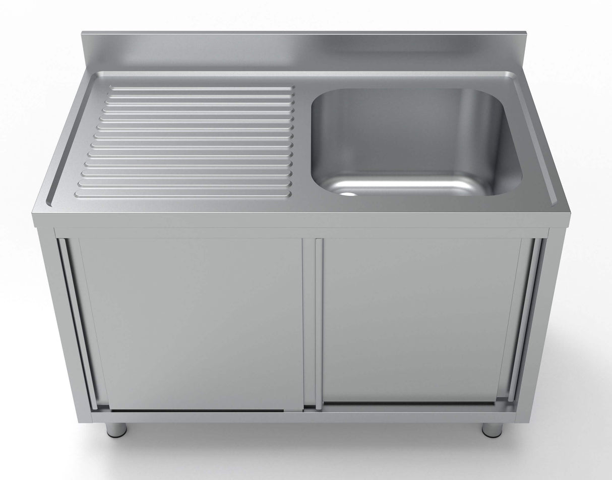 Combisteel 700 Stainless Steel Single Right Bowl Sink With Sliding Doors 1200mm Wide - 7333.0905 Sink Units with Drawers & Cupboards Combisteel