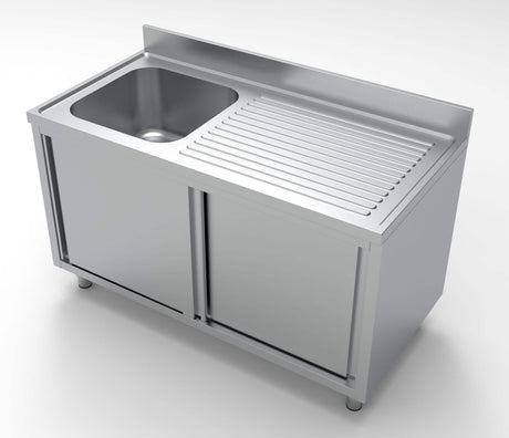 Combisteel 700 Stainless Steel Single Left Bowl Sink With Sliding Doors 1400mm Wide - 7333.0910 Sink Units with Drawers & Cupboards Combisteel   