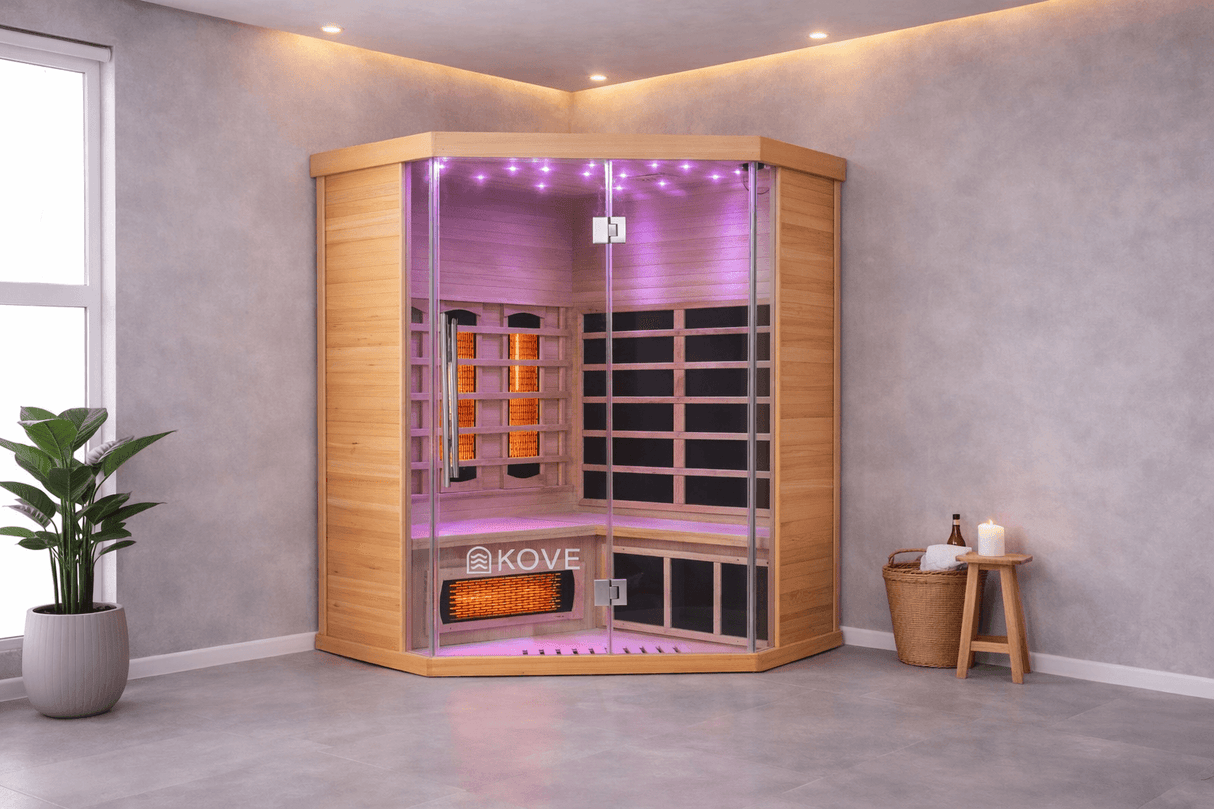 Kove 3-4 Person Infrared Corner Sauna Cabin – Hemlock Wood, Glass Front, Bluetooth & Full Spectrum Heating | KOVE-INFC Indoor Infrared Saunas Kove Designs