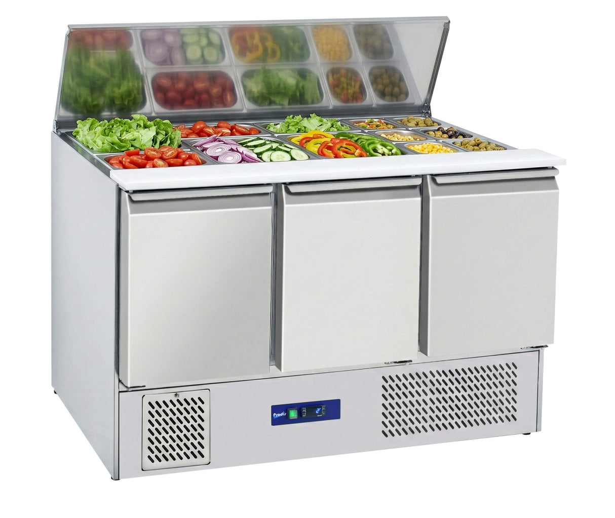 Prodis 3 Door Compact Saladette Table 4 x 1/1 GN Topping Well | EC-3SALAD-LE Pizza Prep Counters - 3 Door Prodis