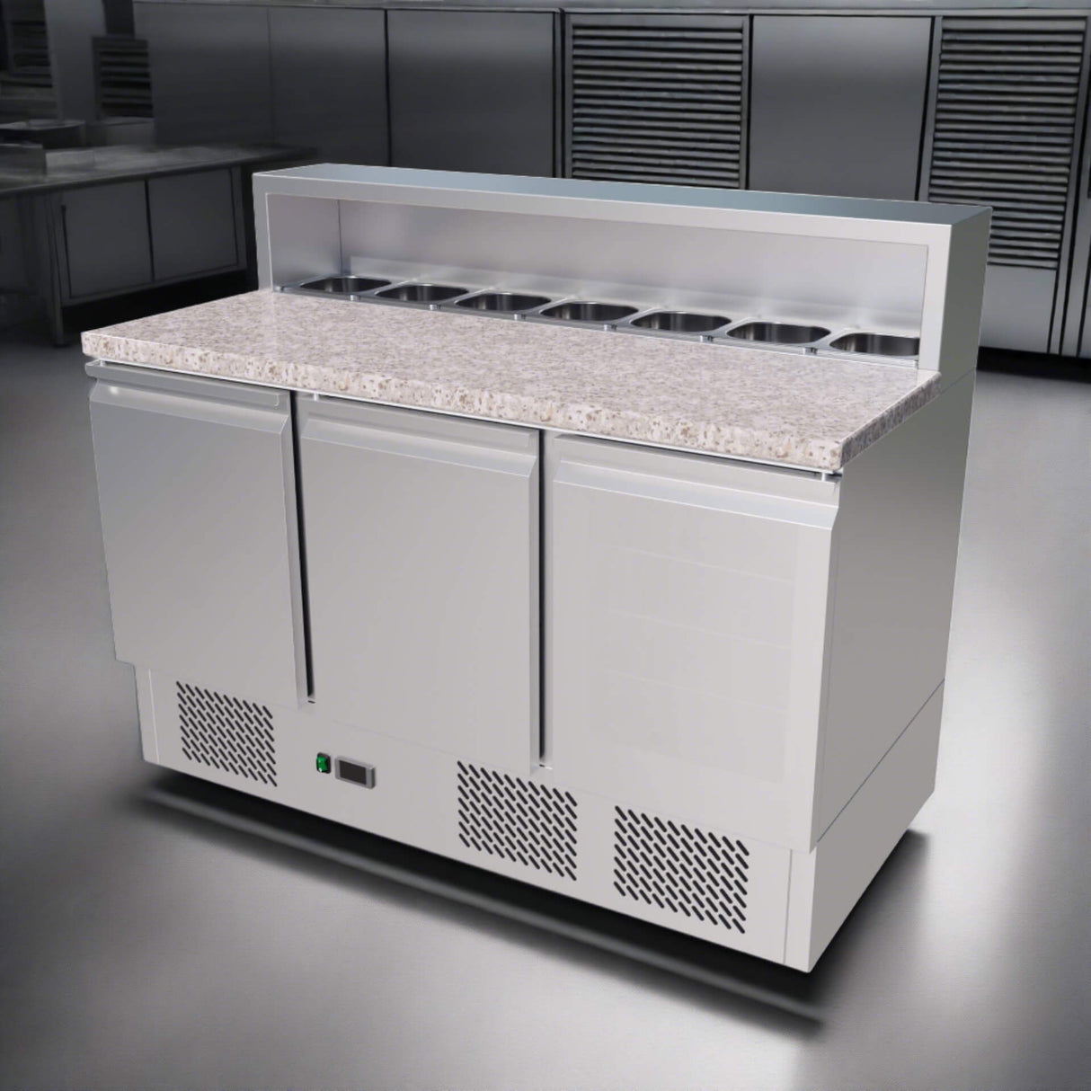 Empire Stainless Steel Pizza Prep Marble Counter – 3 Door Commercial Fridge with Open Top | PS903 Pizza Prep Counters - 3 Door Empire