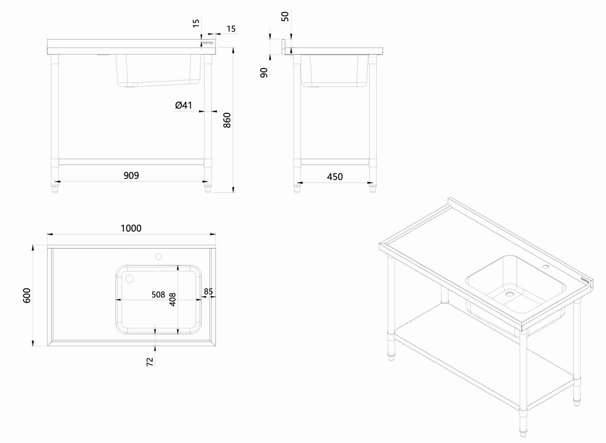 Empire Stainless Steel Single Bowl Sink 1000mm Wide Left Hand Drainer - EMP-SSWTS-1000L Single Bowl Sinks Empire