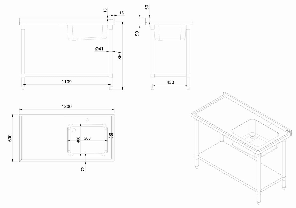 Empire Stainless Steel Single Bowl Sink 1200mm Wide Left Hand Drainer - EMP-SSWTS-1200L Single Bowl Sinks Empire