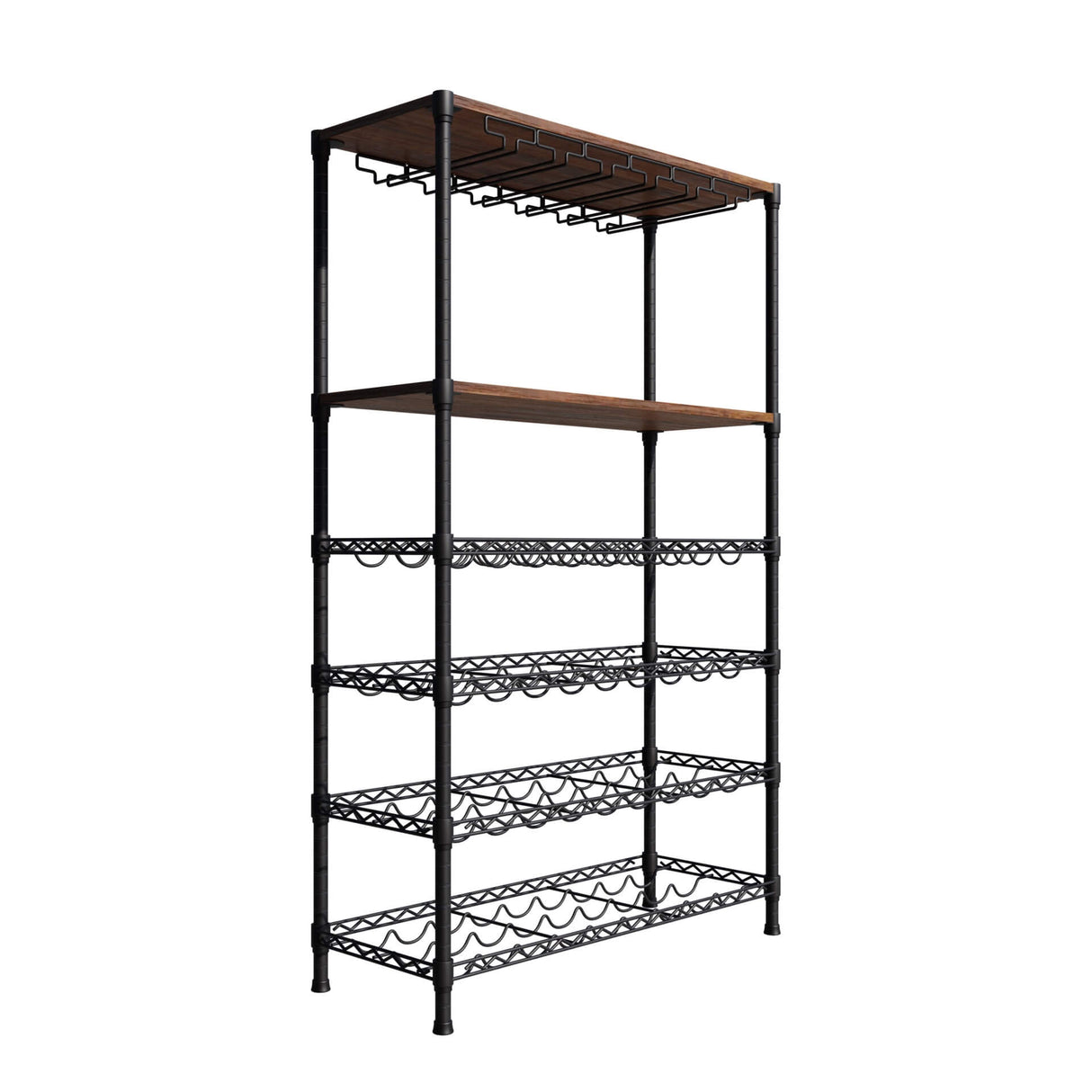 Empire 6 Tier Wire Wine Bottle Rack With Glass Holder and Shelf Black / Dark Wood 54 Bottle Capacity- EMP-WGRACK Chrome Wire Shelving and Racking Empire