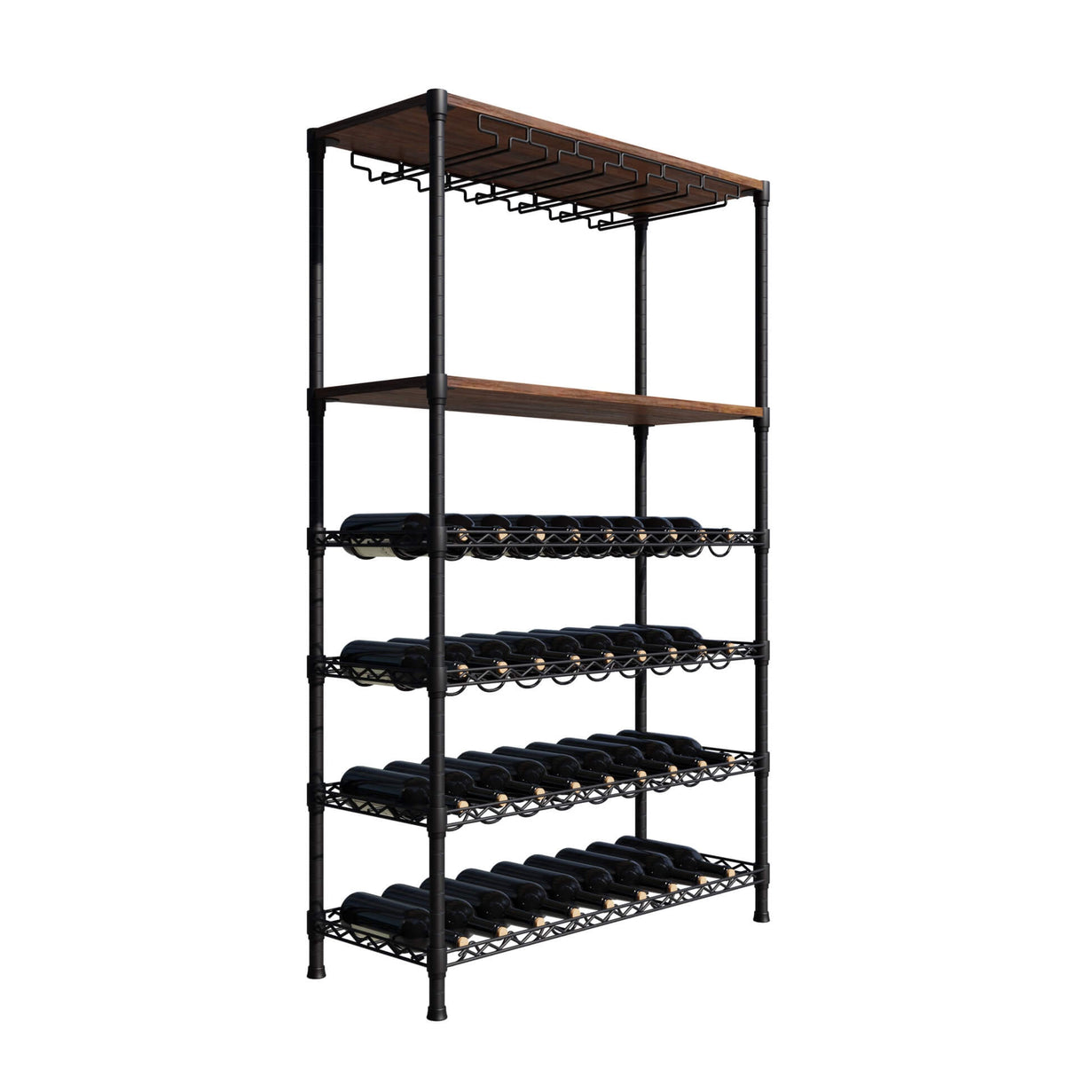 Empire 6 Tier Wire Wine Bottle Rack With Glass Holder and Shelf Black / Dark Wood 54 Bottle Capacity- EMP-WGRACK Chrome Wire Shelving and Racking Empire