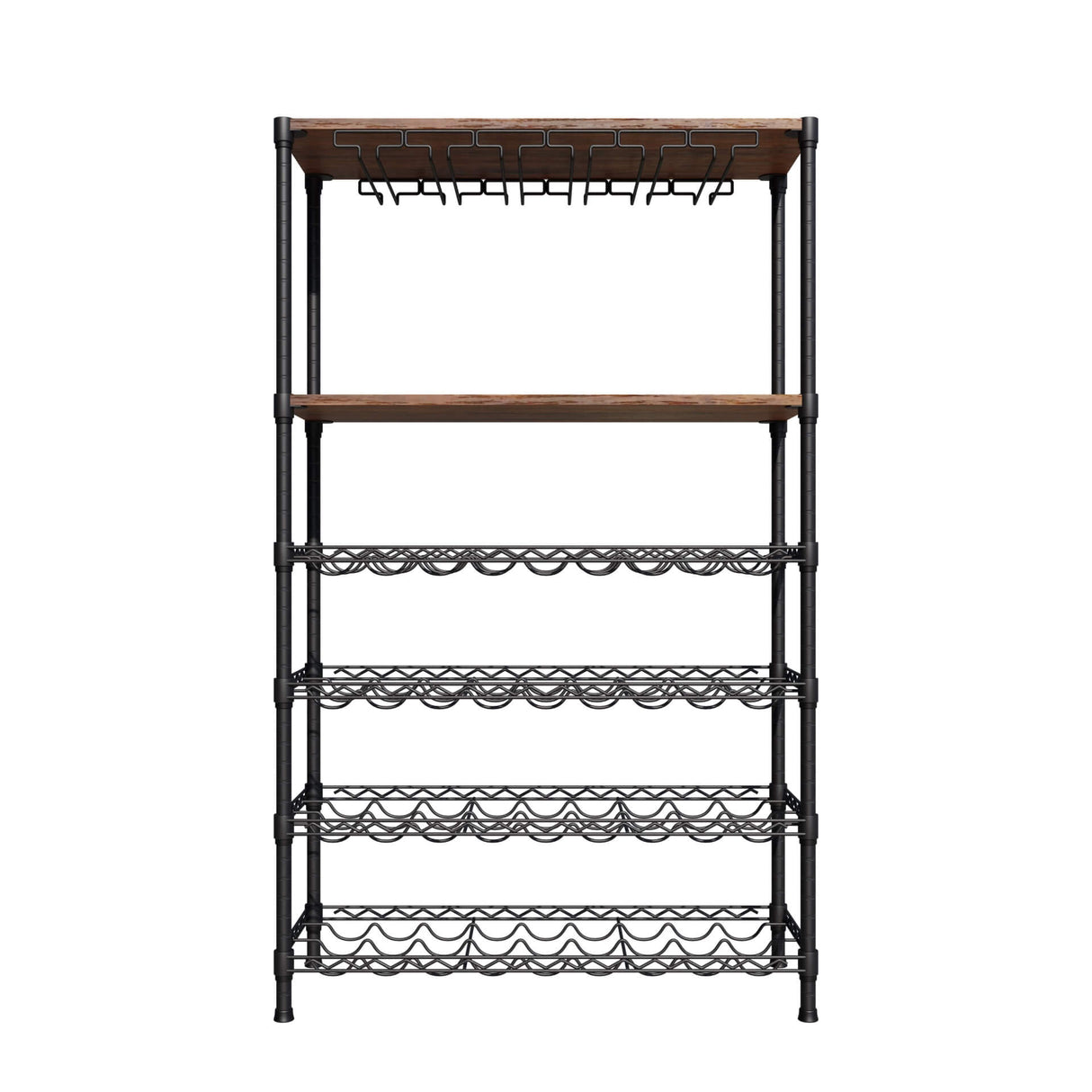 Empire 6 Tier Wire Wine Bottle Rack With Glass Holder and Shelf Black / Dark Wood 54 Bottle Capacity- EMP-WGRACK Chrome Wire Shelving and Racking Empire