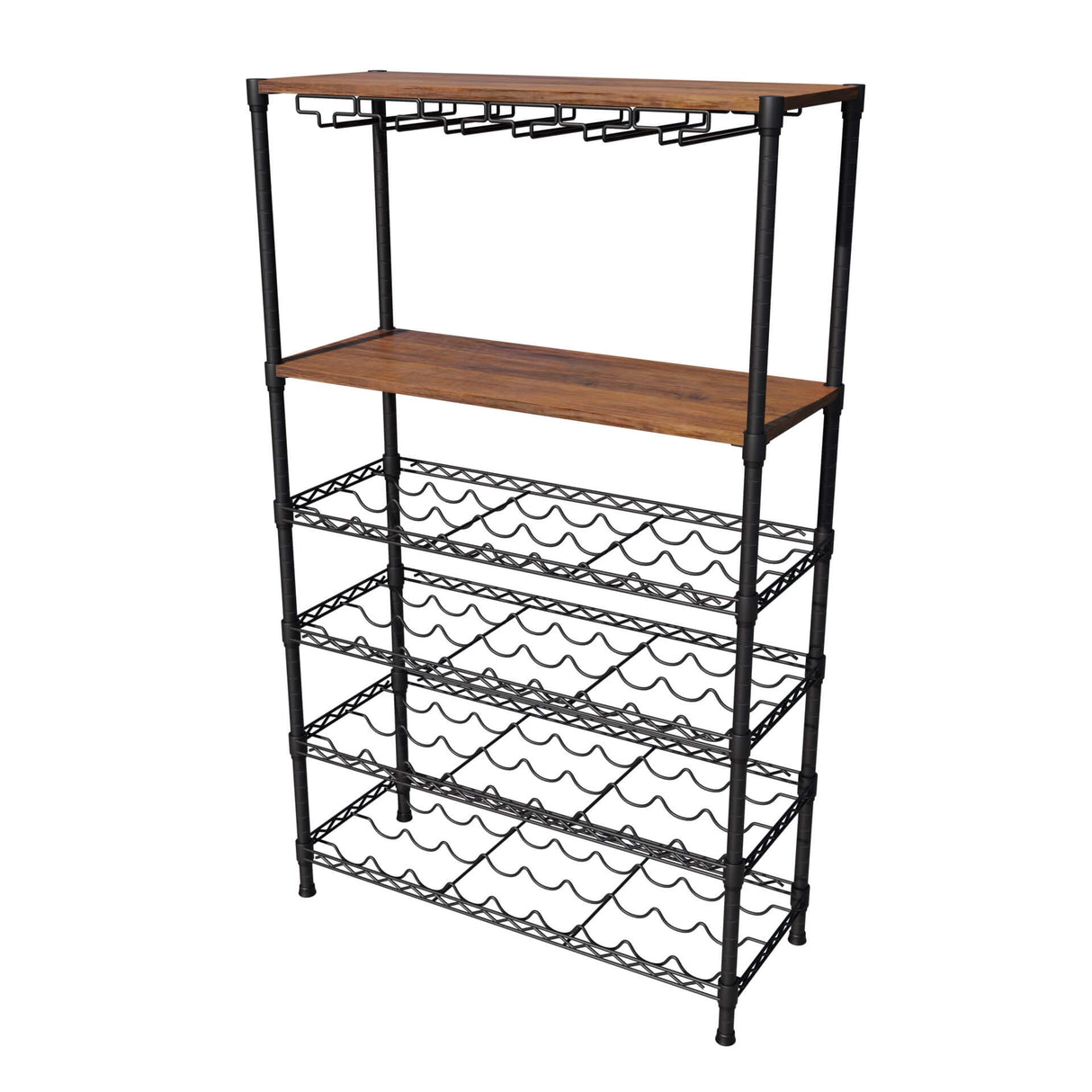 Empire 6 Tier Wire Wine Bottle Rack With Glass Holder and Shelf Black / Dark Wood 54 Bottle Capacity- EMP-WGRACK Chrome Wire Shelving and Racking Empire
