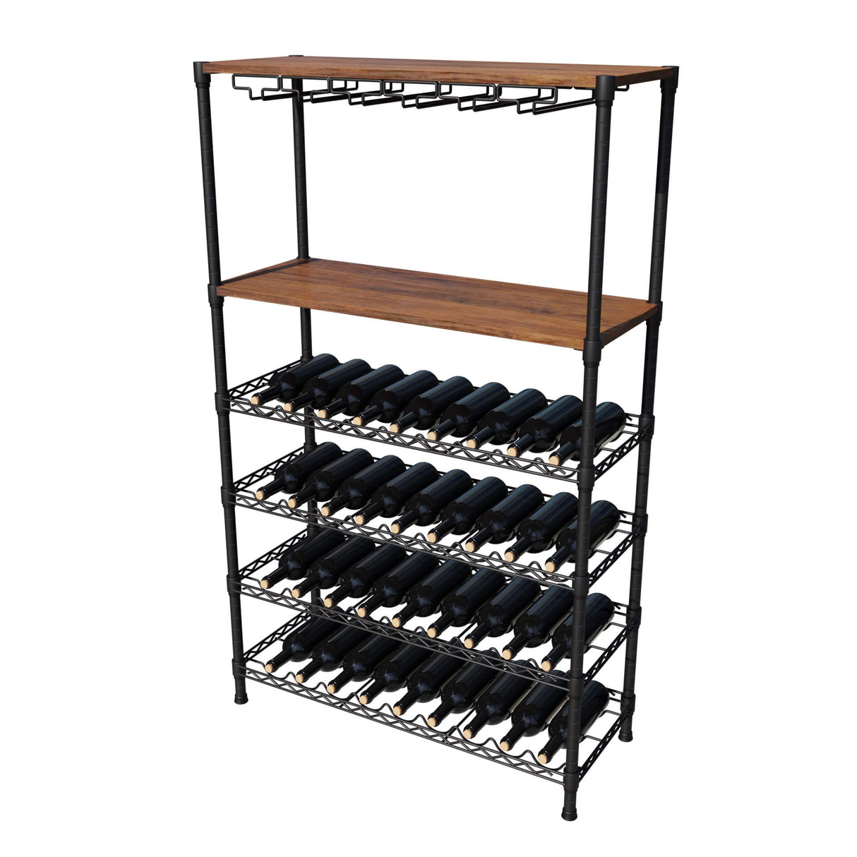Empire 6 Tier Wire Wine Bottle Rack With Glass Holder and Shelf Black / Dark Wood 54 Bottle Capacity- EMP-WGRACK Chrome Wire Shelving and Racking Empire