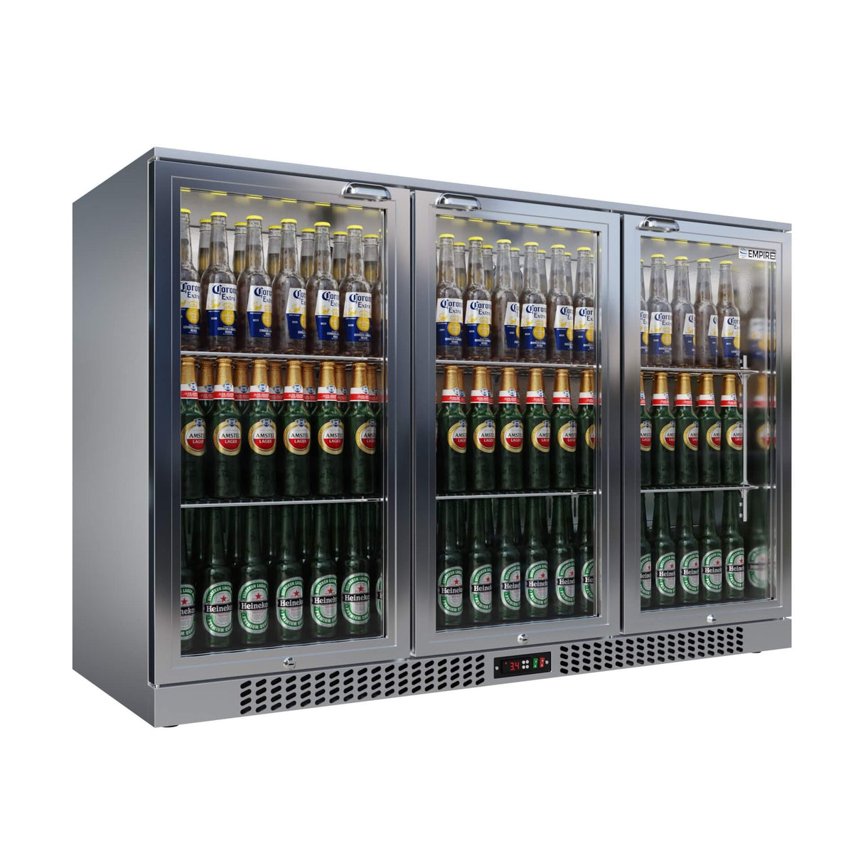 Empire Triple Door 330L Bottle Cooler – Stainless Steel Hinged Door Commercial Back Bar Fridge | CL-320H-S Triple Door Bottle Coolers Empire