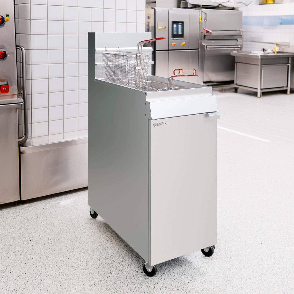 Empire Twin Basket Single Tank Fryer – Nat Gas & LPG, 4 Burner, 28L, 100,000 BTU | EMP-MGEF-4-OZ Freestanding Gas Fyers Empire