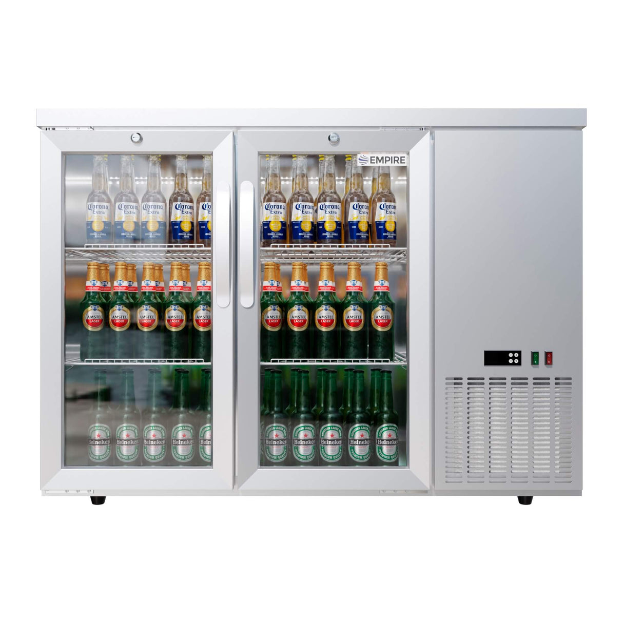 Empire High Capacity Stainless Steel Double Door Bottle Cooler Hinged Undercounter Low Height Side Cooling - CL-305HR - Graded Item Double Door Bottle Coolers Empire