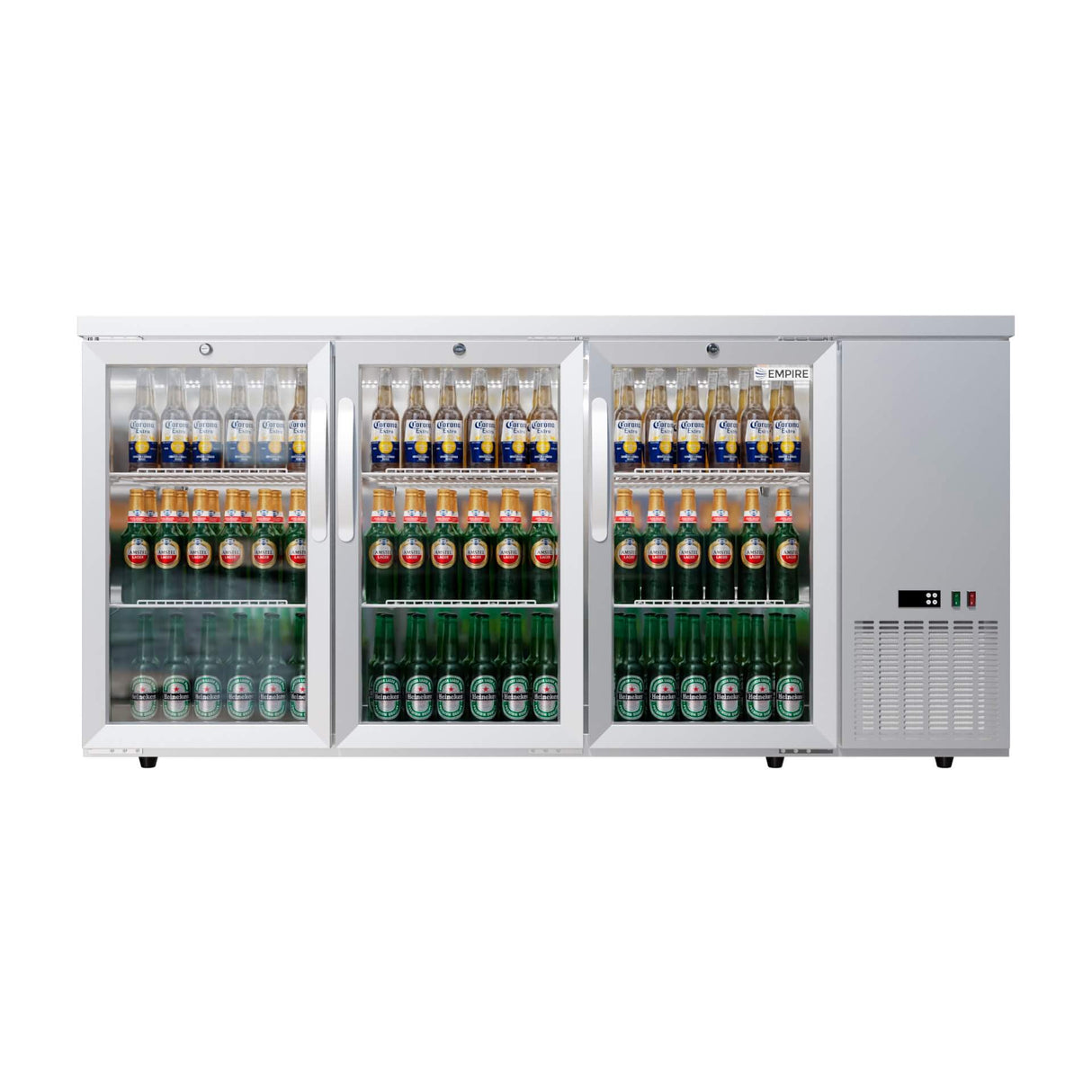 Empire High Capacity Stainless Steel Triple Door Bottle Cooler Hinged Undercounter Low Height Side Cooling - CL-526HR Triple Door Bottle Coolers Empire