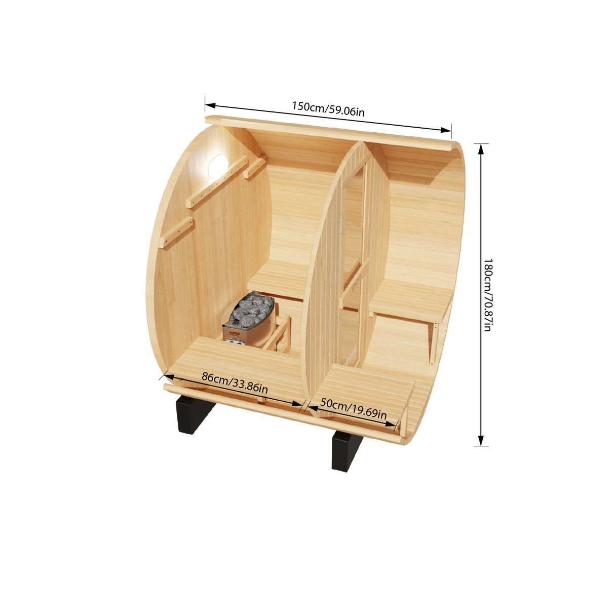 Kove 1-2 Person Spruce Barrel Sauna with Front Porch & 4.5kW Electric Heater | KOVE-BAR2 Outdoor Barrel Electric Heated Saunas KOVE