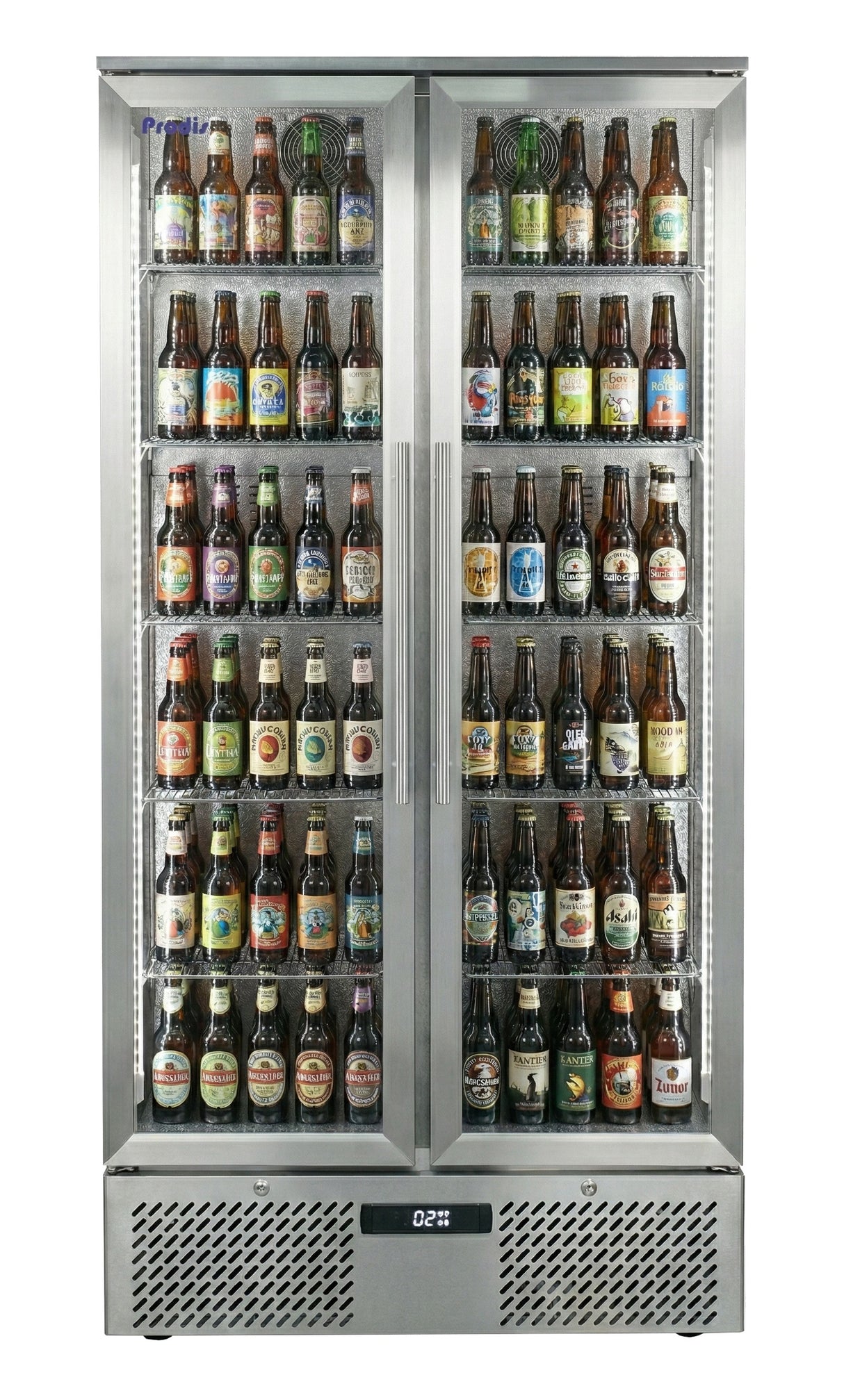 Prodis Low Energy Double Door Stainless Steel Finish Upright Bottle Cooler | NT20ST-LE Upright Double Door Bottle Coolers Prodis