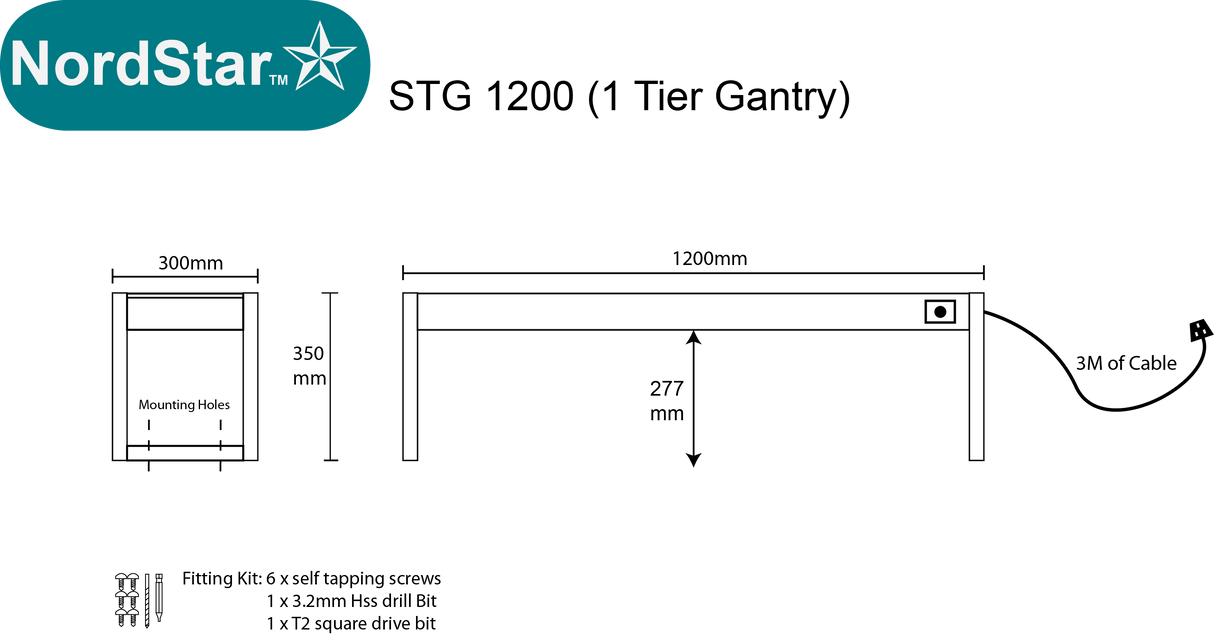 Nordstar Heated Gantry Single Tier Chefs Rack Overshelf 1200mm 3 Quartz Lamp | STG1200 Heated Gantry Chef's Rack Nordstar