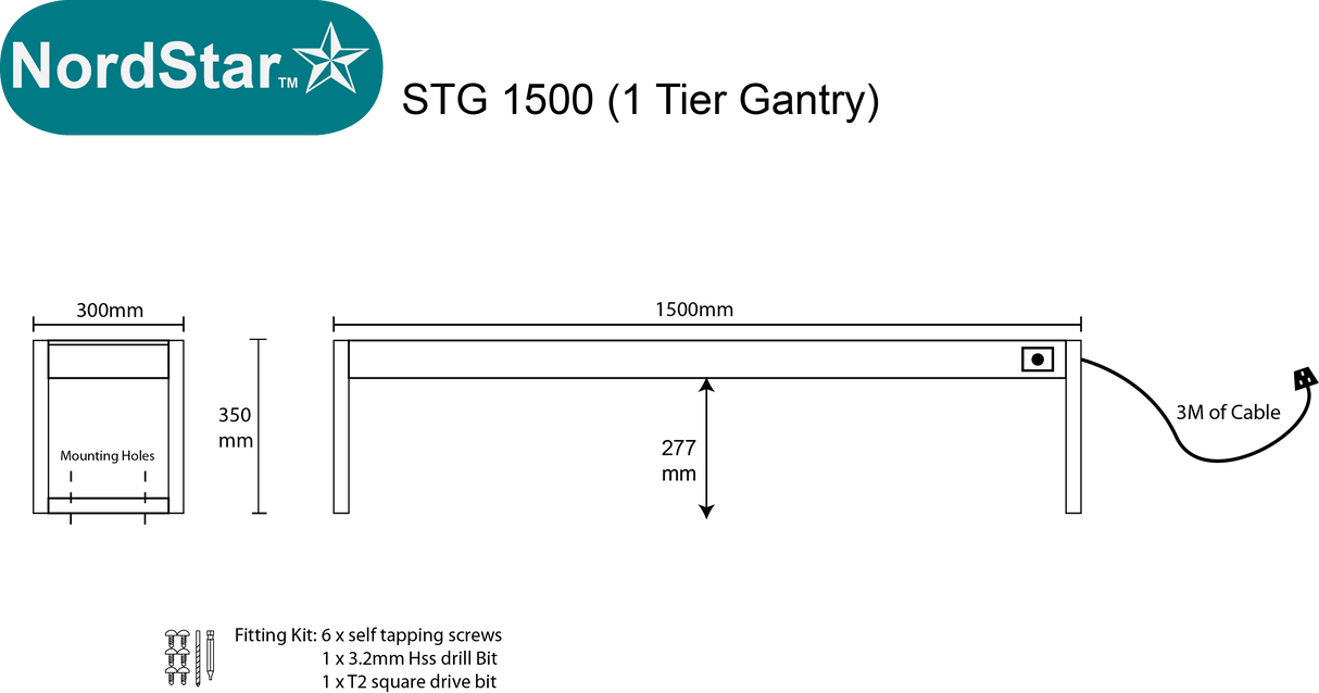 Nordstar Heated Gantry Single Tier Chefs Rack Overshelf 1500mm 3 Quartz Lamp | STG1500 Heated Gantry Chef's Rack Nordstar