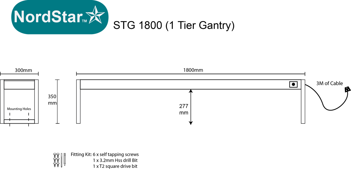 Nordstar Heated Gantry Single Tier Chefs Rack Overshelf 1800mm 5 Quartz Lamp | STG1800 Heated Gantry Chef's Rack Nordstar