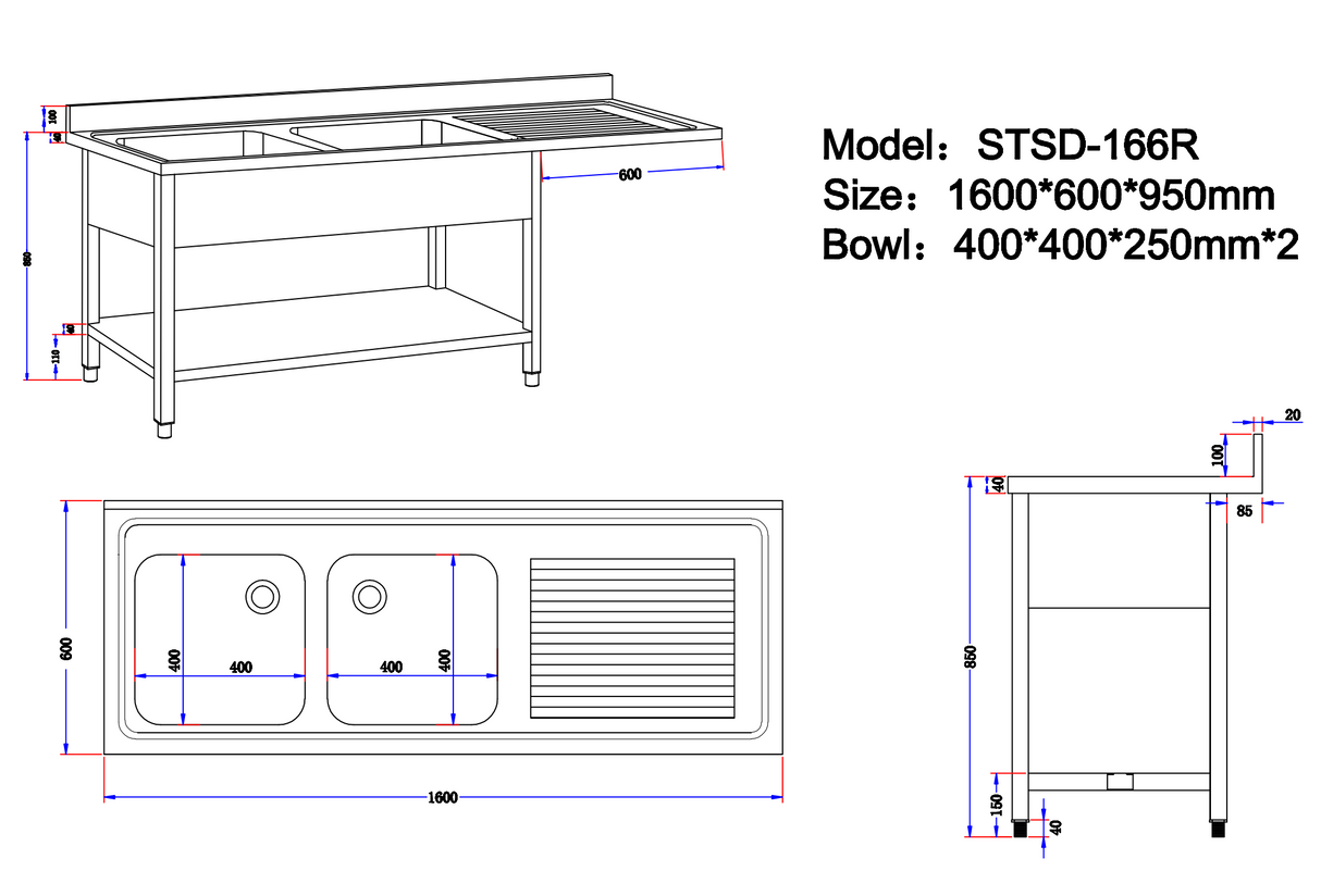 Hamoki Double Bowl Dishwasher Sink – 1600mm, Right Hand Drainer, Undercounter Space for Dishwasher | 231039 Double Bowl Sinks Hamoki