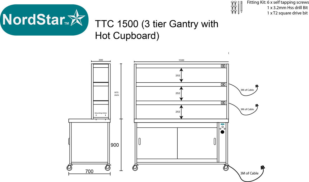 Nordstar Hot Cupboard With Heated Triple Tier Gantry Chef Pass 1500mm | TTC1500 Hot Cupboards Nordstar