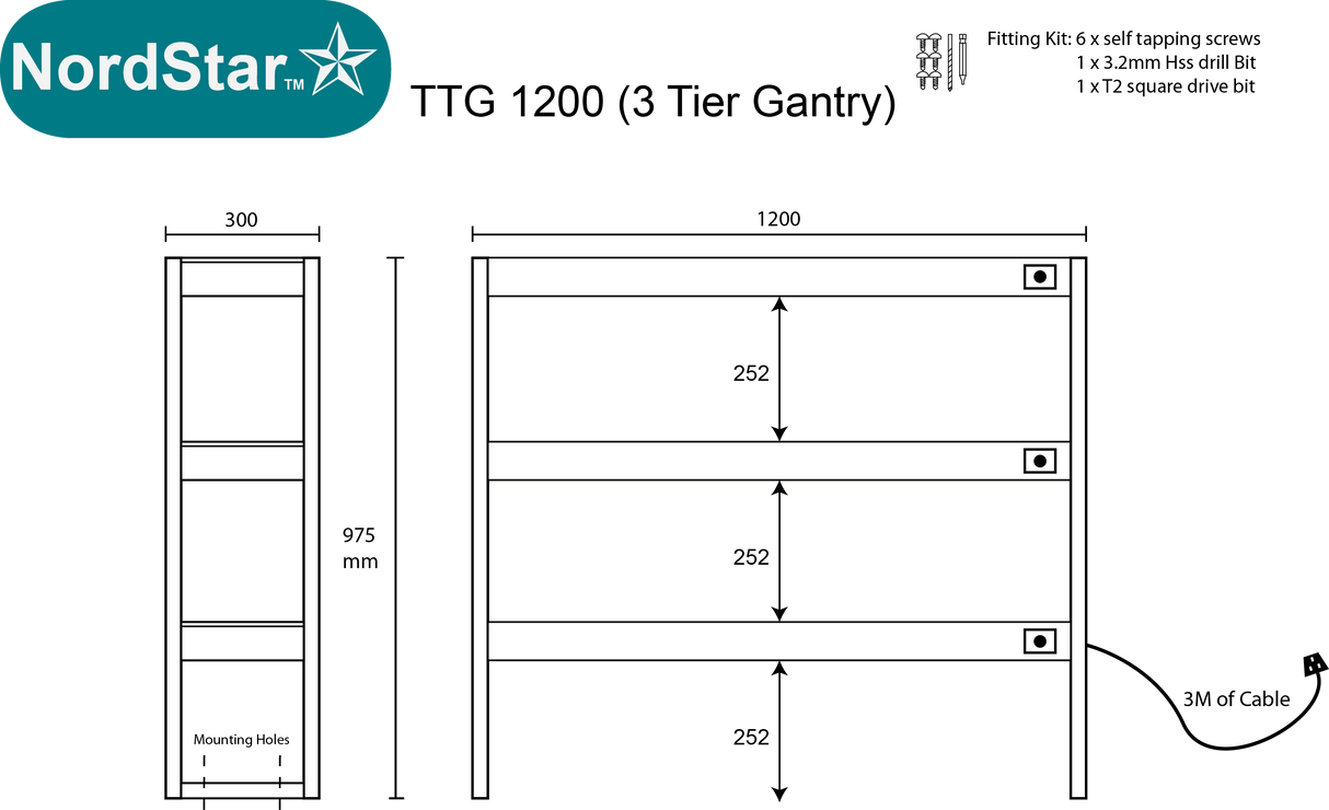 Nordstar Heated Gantry Triple Tier Chefs Rack Overshelf 1200mm 9 Quartz Lamp | TTG1200 Heated Gantry Chef's Rack Nordstar